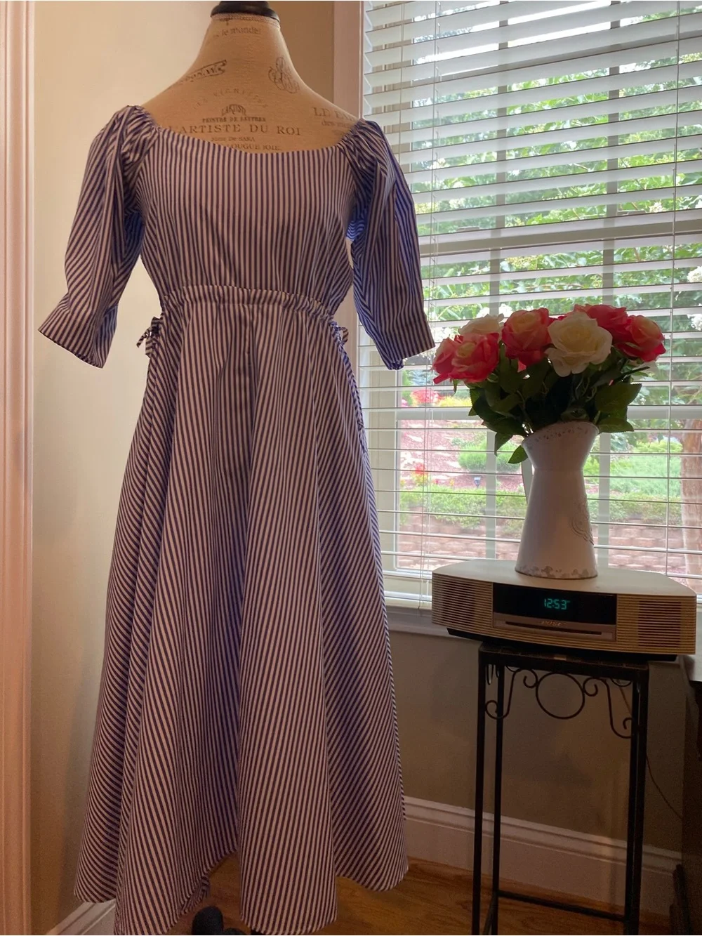 Blue and White Striped Midi Dress with Square Neck and Tie Waist - Picture 2 of 6